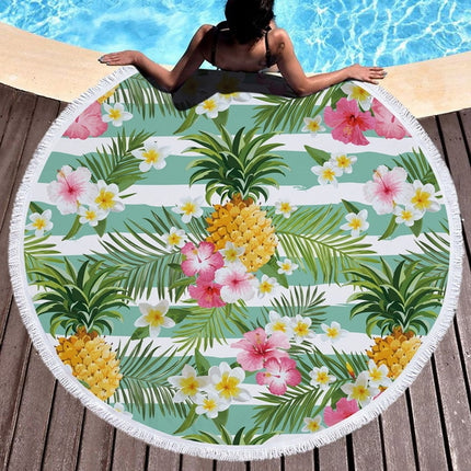 Printed Round Beach Towel Yoga Mat with Tassel, Size:150x150cm(Pineapples + Flowers)-garmade.com