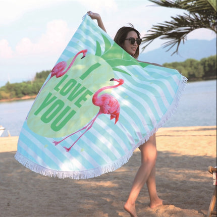 Printed Round Beach Towel Yoga Mat with Tassel, Size:150x150cm(Flamingo + Flower)-garmade.com