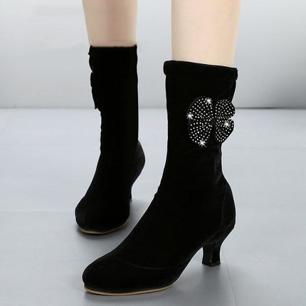 Autumn/Winter Latin Dance Shoes With Soft Velvet-Soled Mid-Heel Ankle Boots, Size: 34(Black Velvet)-garmade.com