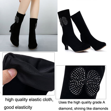 Autumn/Winter Latin Dance Shoes With Soft Velvet-Soled Mid-Heel Ankle Boots, Size: 34(Black Velvet)-garmade.com