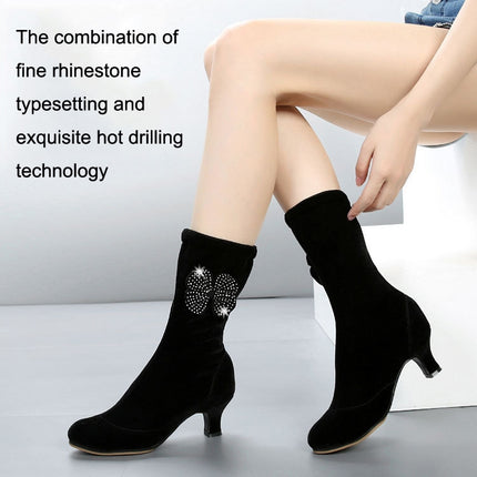 Autumn/Winter Latin Dance Shoes With Soft Velvet-Soled Mid-Heel Ankle Boots, Size: 35(Black)-garmade.com