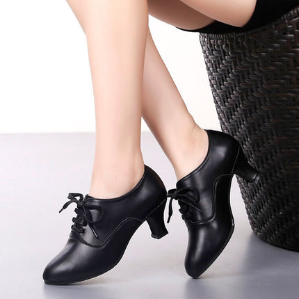 Latin Dance Shoes Women Leather Square Dance Soft Soled Medium Heels Shoes, Size: 34(Black)-garmade.com