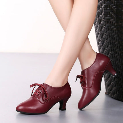 Latin Dance Shoes Women Leather Square Dance Soft Soled Medium Heels Shoes, Size: 34(Wine Red Velvet)-garmade.com