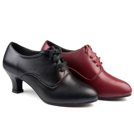 Latin Dance Shoes Women Leather Square Dance Soft Soled Medium Heels Shoes, Size: 34(Wine Red)-garmade.com