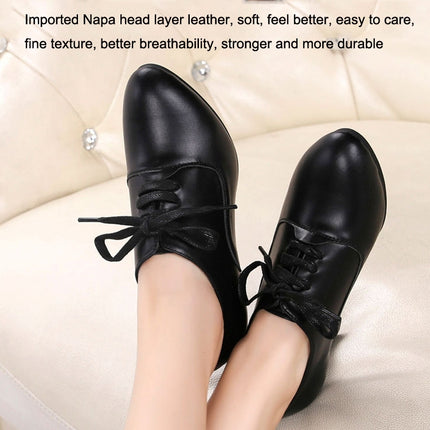 Latin Dance Shoes Women Leather Square Dance Soft Soled Medium Heels Shoes, Size: 34(Black)-garmade.com
