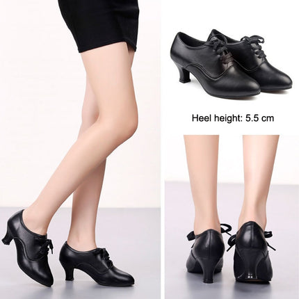Latin Dance Shoes Women Leather Square Dance Soft Soled Medium Heels Shoes, Size: 37(Black Velvet)-garmade.com