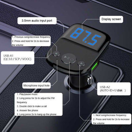 LDNIO C706Q QC3.0+AUTO-ID Car Bluetooth FM Music Digital Display Car Charger with Type-C/USB-C Cable-garmade.com
