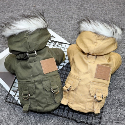 Thick Dog Clothes Pet Fur Vollar Hood Autumn Winter Cotton Coat, Color: Khaki(XL)-garmade.com