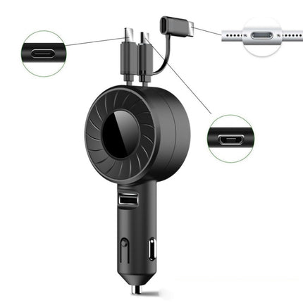 3 In 1 USB Dual Cable Single Pull Retractable Car Charger(Black)-garmade.com