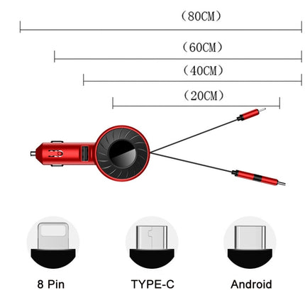 3 In 1 USB Dual Cable Single Pull Retractable Car Charger(Red)-garmade.com
