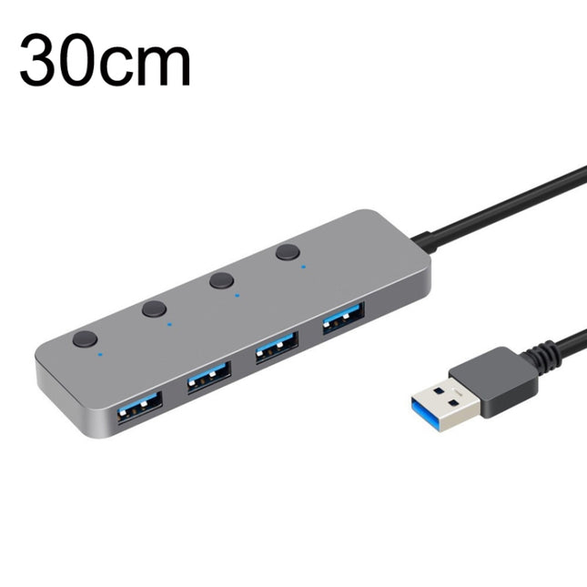 HS0059 Independent Switch USB 3.0 4 Ports Extension Type-C / USB-C Aluminum Alloy HUB, Cable Length: 30cm-garmade.com