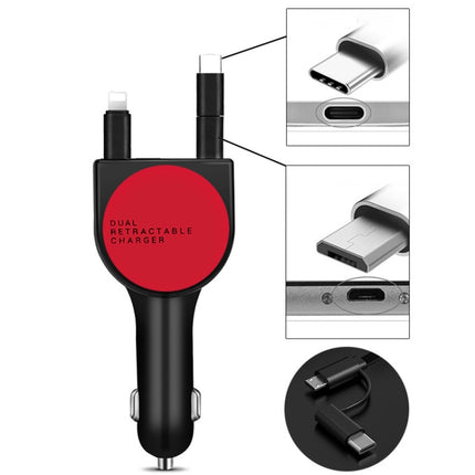 3 In 1 3.1A Dual USB Single Pull Retractable Fast QC3.0 Car Charger(Red)-garmade.com