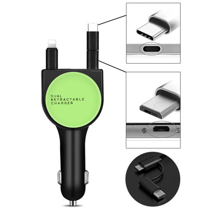 3 In 1 3.1A Dual USB Single Pull Retractable Fast QC3.0 Car Charger(Green)-garmade.com