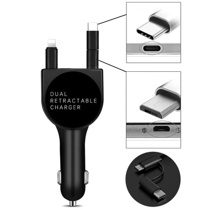 3 In 1 3.1A Dual USB Single Pull Retractable Fast QC3.0 Car Charger(Black)-garmade.com