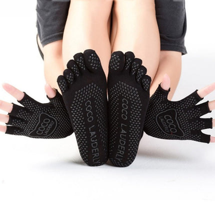 Non-slip Open Finger Yoga Sports Gloves+Five Finger Yoga Socks Set, Size: One Size(Black)-garmade.com