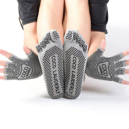 Non-slip Open Finger Yoga Sports Gloves+Five Finger Yoga Socks Set, Size: One Size(Grey)-garmade.com