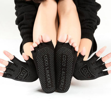Non-slip Open Finger Yoga Sports Gloves+Five Finger Yoga Socks Set, Size: One Size(Open Toe Black)-garmade.com