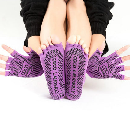 Non-slip Open Finger Yoga Sports Gloves+Five Finger Yoga Socks Set, Size: One Size(Open Toe Purple)-garmade.com