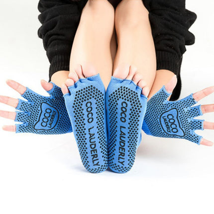 Non-slip Open Finger Yoga Sports Gloves+Five Finger Yoga Socks Set, Size: One Size(Open Toe Blue)-garmade.com
