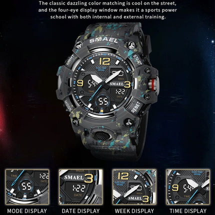 SMAEL 8008 Outdoor Waterproof Camouflage Sports Electronic Watch Luminous Multi-function Waist Watch(Camouflage White)-garmade.com