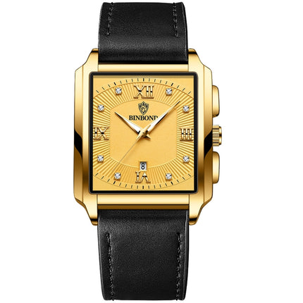 BINBOND B4143 Rectangular Outdoor Men Waterproof Quartz Watches(Black Leather-Full Gold-Gold)-garmade.com