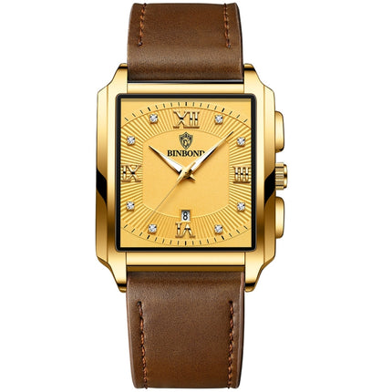 BINBOND B4143 Rectangular Outdoor Men Waterproof Quartz Watches(Brown Leather-Full Gold)-garmade.com