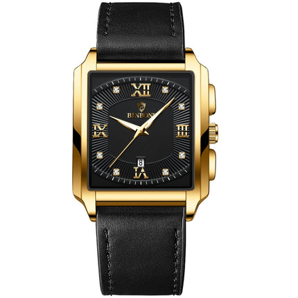 BINBOND B4143 Rectangular Outdoor Men Waterproof Quartz Watches(Black Leather-Full Gold-Black)-garmade.com