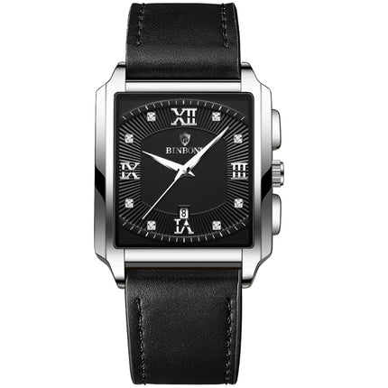 BINBOND B4143 Rectangular Outdoor Men Waterproof Quartz Watches(Black Leather-White Steel)-garmade.com