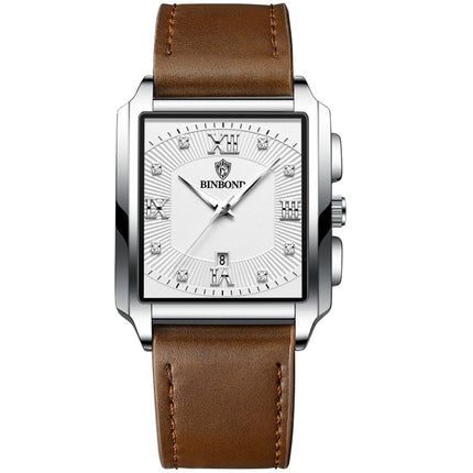 BINBOND B4143 Rectangular Outdoor Men Waterproof Quartz Watches(Brown Leather-White Steel)-garmade.com
