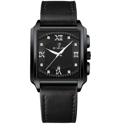 BINBOND B4143 Rectangular Outdoor Men Waterproof Quartz Watches(Black Leather-Black Steel-White)-garmade.com