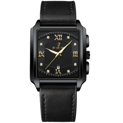BINBOND B4143 Rectangular Outdoor Men Waterproof Quartz Watches(Black Leather-Black Steel-Gold)-garmade.com