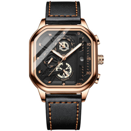 BINBOND B6577 30M Waterproof Luminous Square Quartz Watch, Color: Black Leather-Rose Gold-garmade.com