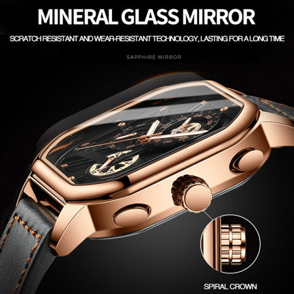 BINBOND B6577 30M Waterproof Luminous Square Quartz Watch, Color: Black Leather-Rose Gold-garmade.com