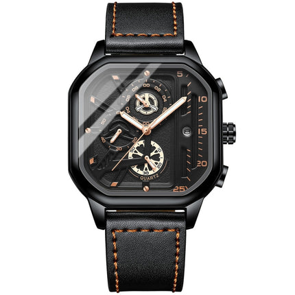 BINBOND B6577 30M Waterproof Luminous Square Quartz Watch, Color: Black Leather-Black-Rose Gold-garmade.com
