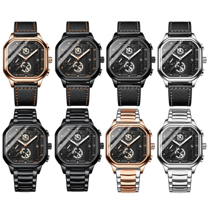 BINBOND B6577 30M Waterproof Luminous Square Quartz Watch, Color: Black Leather-Black-Black-garmade.com