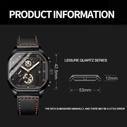 BINBOND B6577 30M Waterproof Luminous Square Quartz Watch, Color: Black Leather-Black-Black-garmade.com