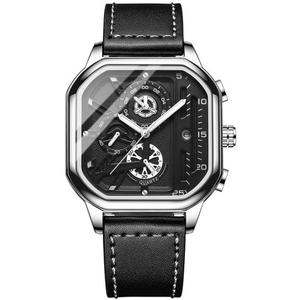 BINBOND B6577 30M Waterproof Luminous Square Quartz Watch, Color: Black Leather-White-White-garmade.com