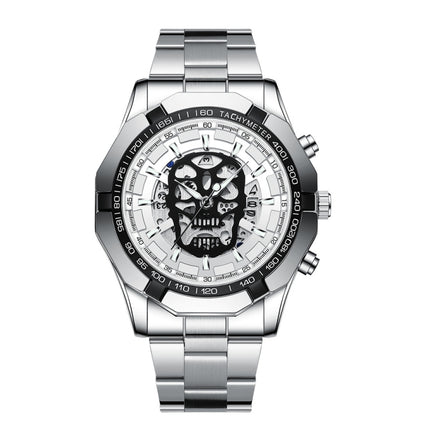 BINBOND S034 30M Waterproof Quartz Watch Skull Skeleton Luminous Watch(White Steel White)-garmade.com