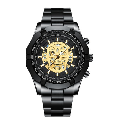 BINBOND S034 30M Waterproof Quartz Watch Skull Skeleton Luminous Watch(Black Steel Black Gold Nail)-garmade.com