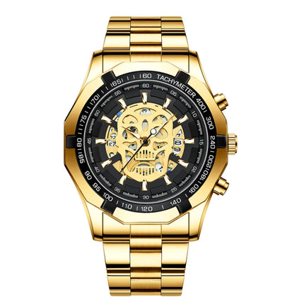 BINBOND S034 30M Waterproof Quartz Watch Skull Skeleton Luminous Watch(Full Gold Black Gold Nail)-garmade.com