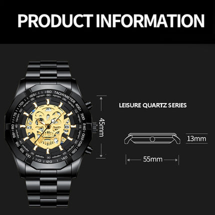 BINBOND S034 30M Waterproof Quartz Watch Skull Skeleton Luminous Watch(White Steel Black)-garmade.com