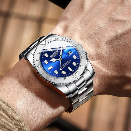 BINBOND B930 Metal Gear Luminous Quartz Watch 30M Waterproof Sports Watch, Color: White Steel-Blue-garmade.com