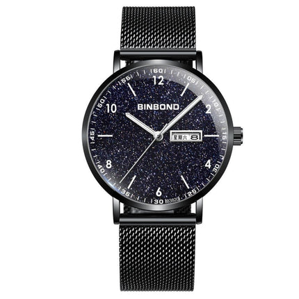 BINBOND B3820 30M Waterproof Ultra-thin Quartz Luminous Starry Watch, Color: Black Net-Black-Starry-garmade.com
