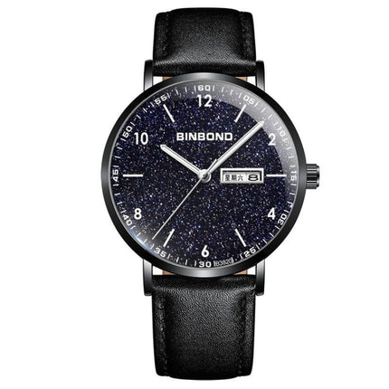 BINBOND B3820 30M Waterproof Ultra-thin Quartz Luminous Starry Watch, Color: Black Leather-Black-Starry-garmade.com