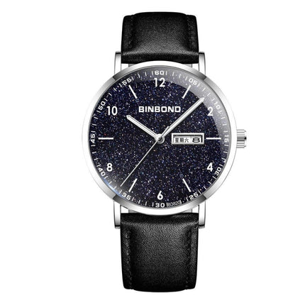 BINBOND B3820 30M Waterproof Ultra-thin Quartz Luminous Starry Watch, Color: Black Leather-White-Starry-garmade.com