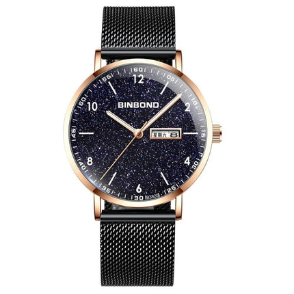 BINBOND B3820 30M Waterproof Ultra-thin Quartz Luminous Starry Watch, Color: Black Net-Rose Gold-Starry-garmade.com