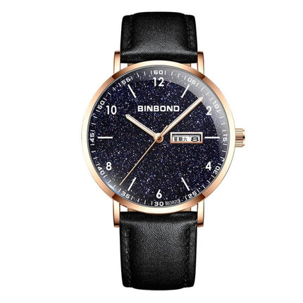 BINBOND B3820 30M Waterproof Ultra-thin Quartz Luminous Starry Watch, Color: Black Leather-Rose Gold-Starry-garmade.com