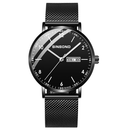 BINBOND B3820 30M Waterproof Ultra-thin Quartz Luminous Starry Watch, Color: Black Net-Black-White Nail-garmade.com