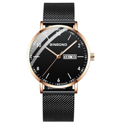 BINBOND B3820 30M Waterproof Ultra-thin Quartz Luminous Starry Watch, Color: Black Net-Rose Gold-Black-garmade.com