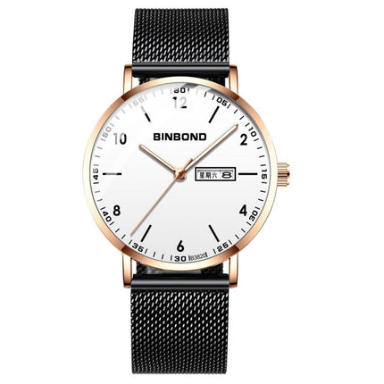BINBOND B3820 30M Waterproof Ultra-thin Quartz Luminous Starry Watch, Color: Black Net-Rose Gold-White-garmade.com